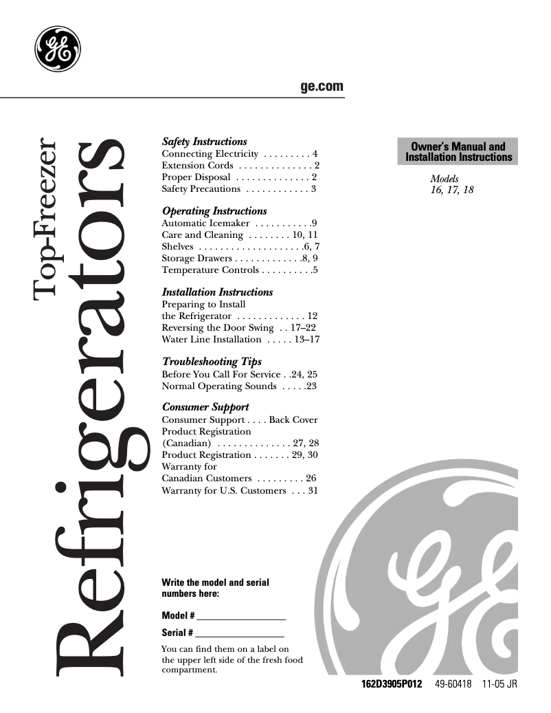 Page 1 de la notice Manuel utilisateur GE STS15ABMWW