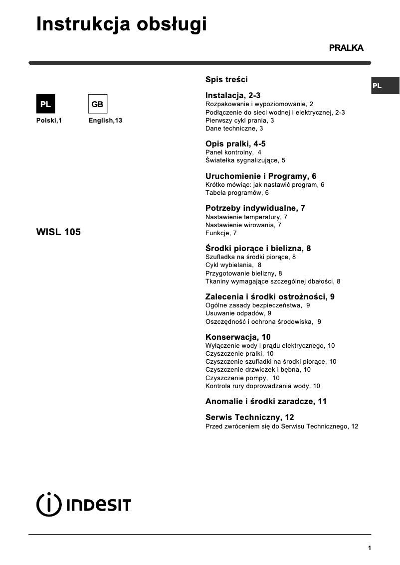 Page 1 de la notice Manuel utilisateur Indesit WISL 105 (PL) (V)