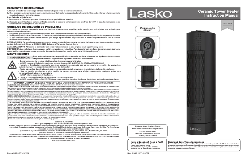 Page 1 de la notice Manuel utilisateur Lasko Ultra Slim Ceramic CT14107