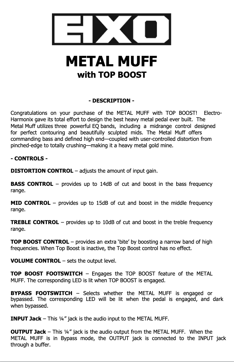 Page 1 of the manual User Manual Electro Harmonix Metal Muff