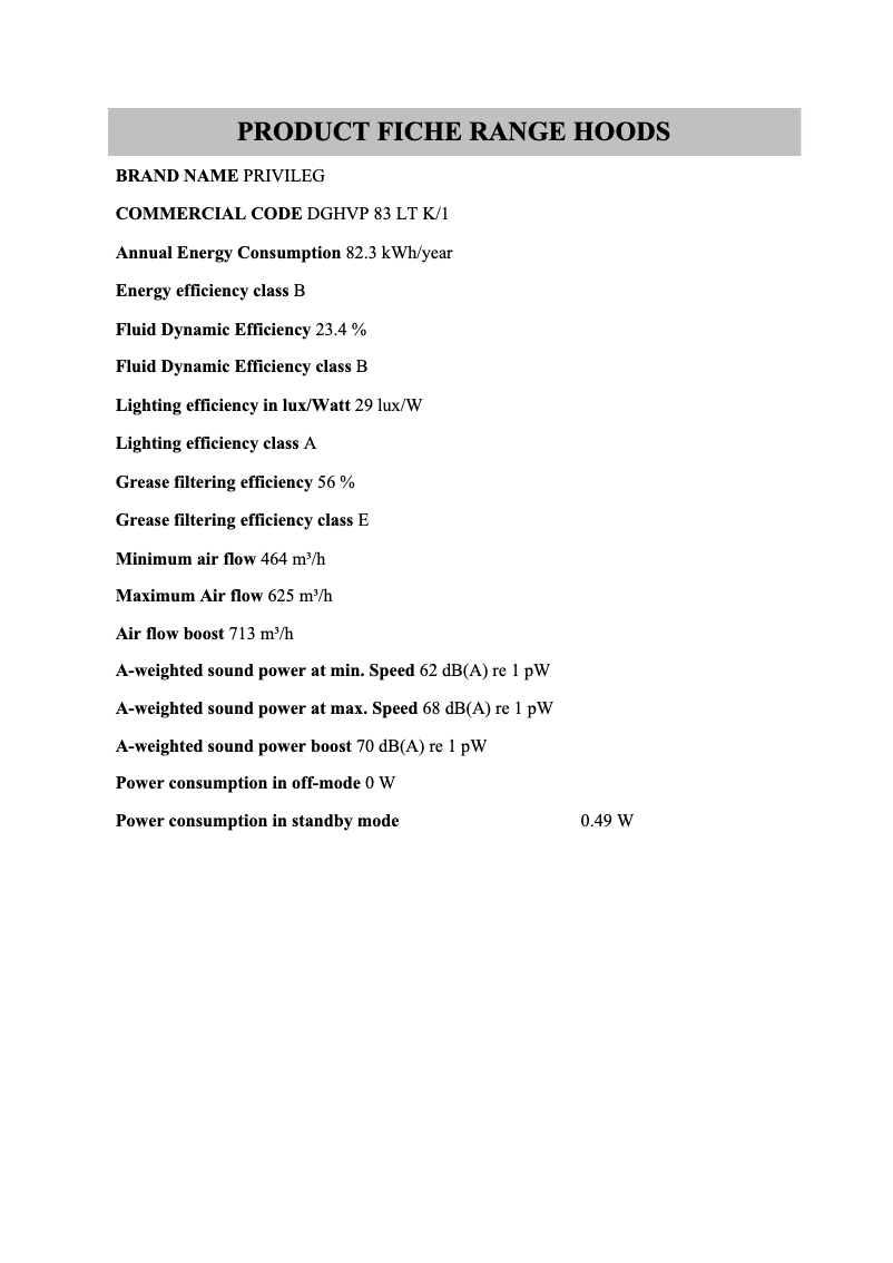 Page 1 de la notice Fiche technique Privileg DGHVP 83 LT K/1