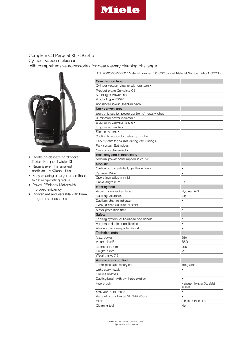 Page 1 de la notice Fiche technique Miele Complete C3 Parquet XL