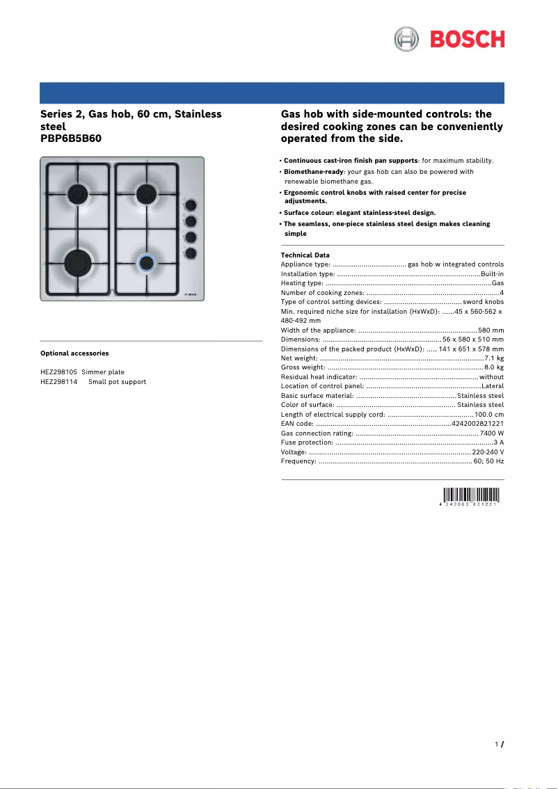 Page 1 de la notice Fiche technique Bosch PBP6B5B60