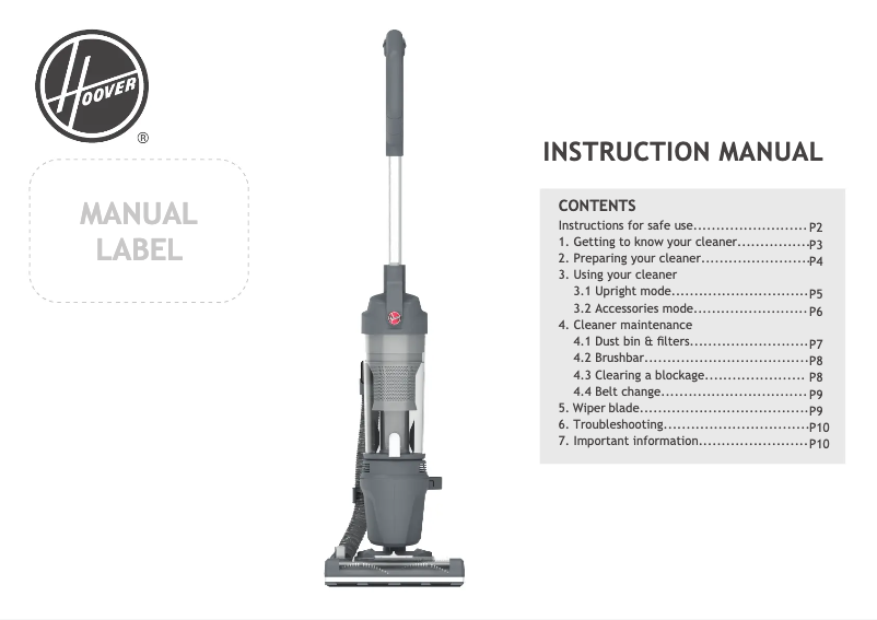 Page 1 de la notice Manuel utilisateur Hoover H-Upright 300 HU300UPT 001