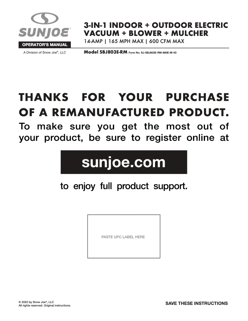 Page 1 de la notice Manuel utilisateur Sun Joe SBJ803E-SJG-RM