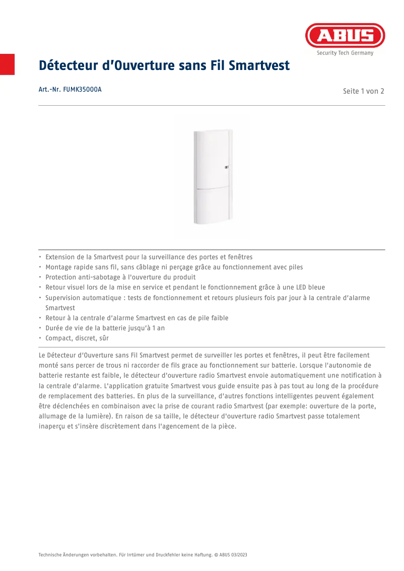 Page 1 de la notice Fiche technique Abus FUMK35000A