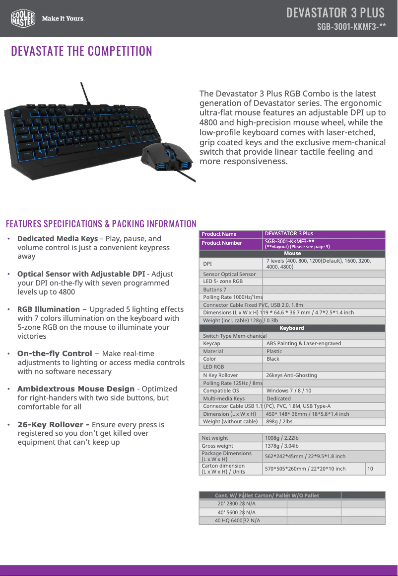 Page 1 de la notice Fiche technique Cooler Master Devastator 3 Plus