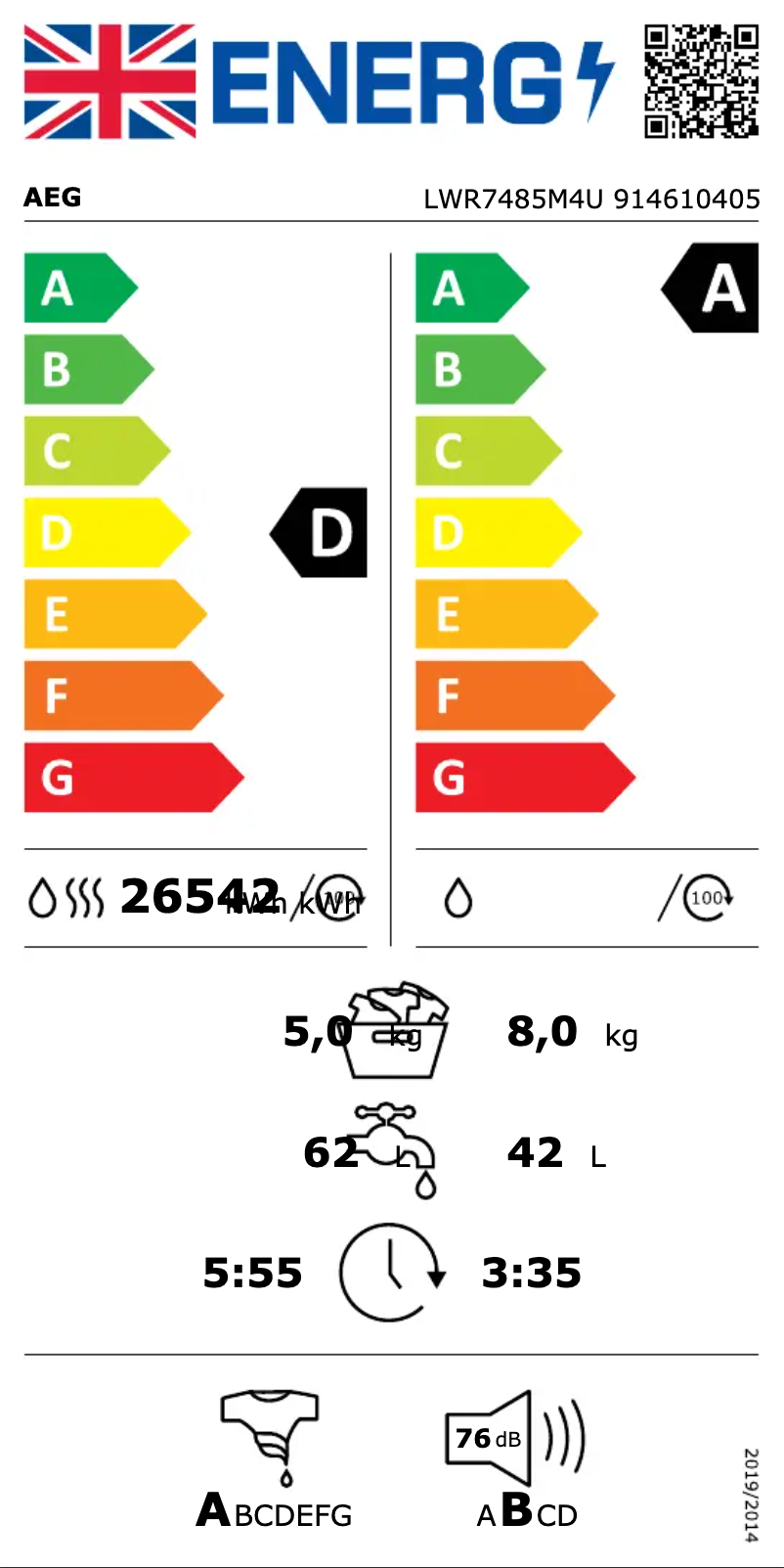 Page 1 de la notice Label énergétique AEG LWR7485M4U