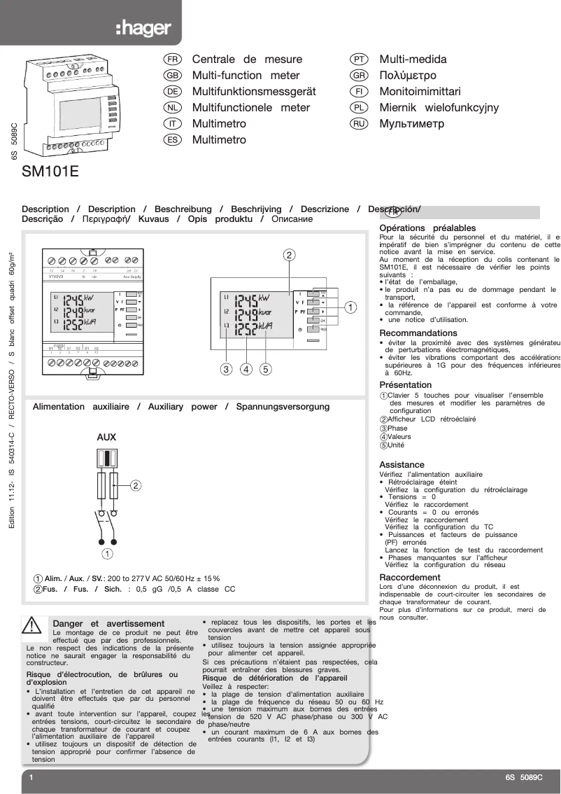 Page 1 de la notice Manuel utilisateur Hager SM101E