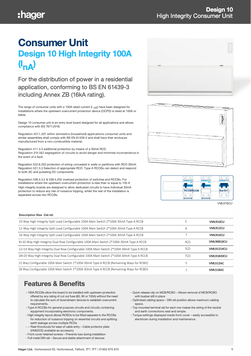 Page 1 de la notice Fiche technique Hager VML910CU