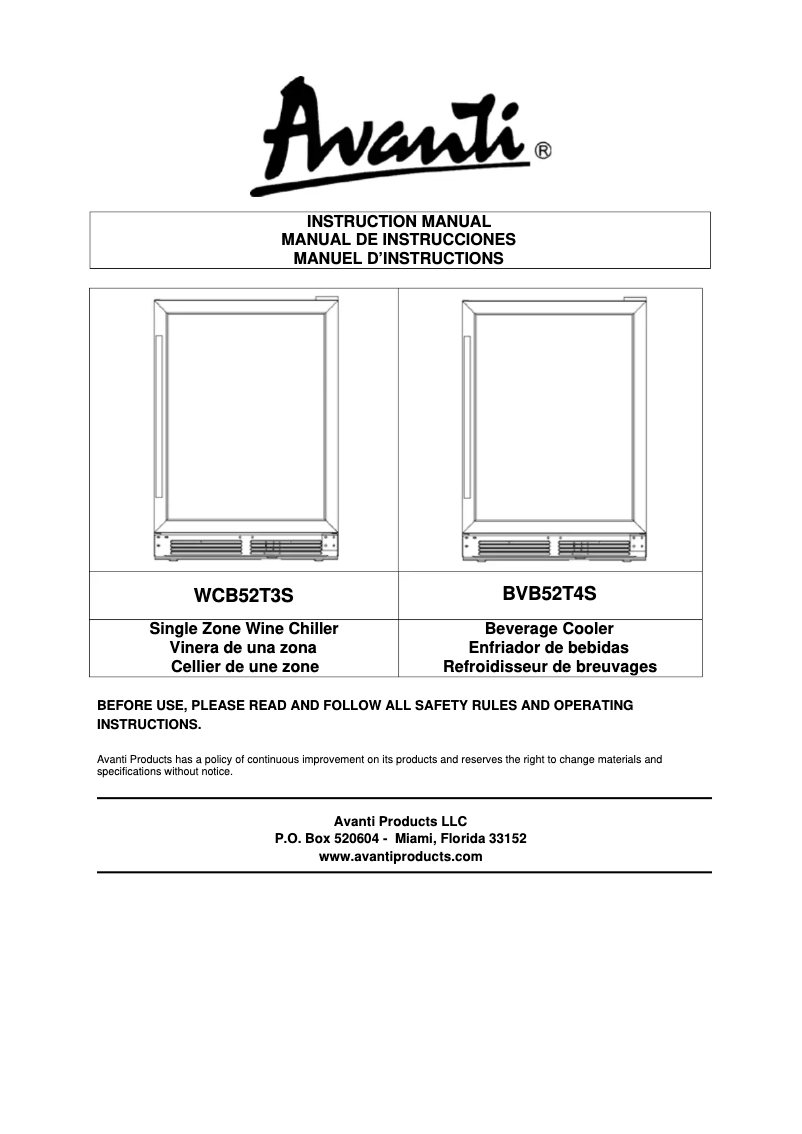 Page 1 de la notice Manuel utilisateur Avanti WCB52T3S