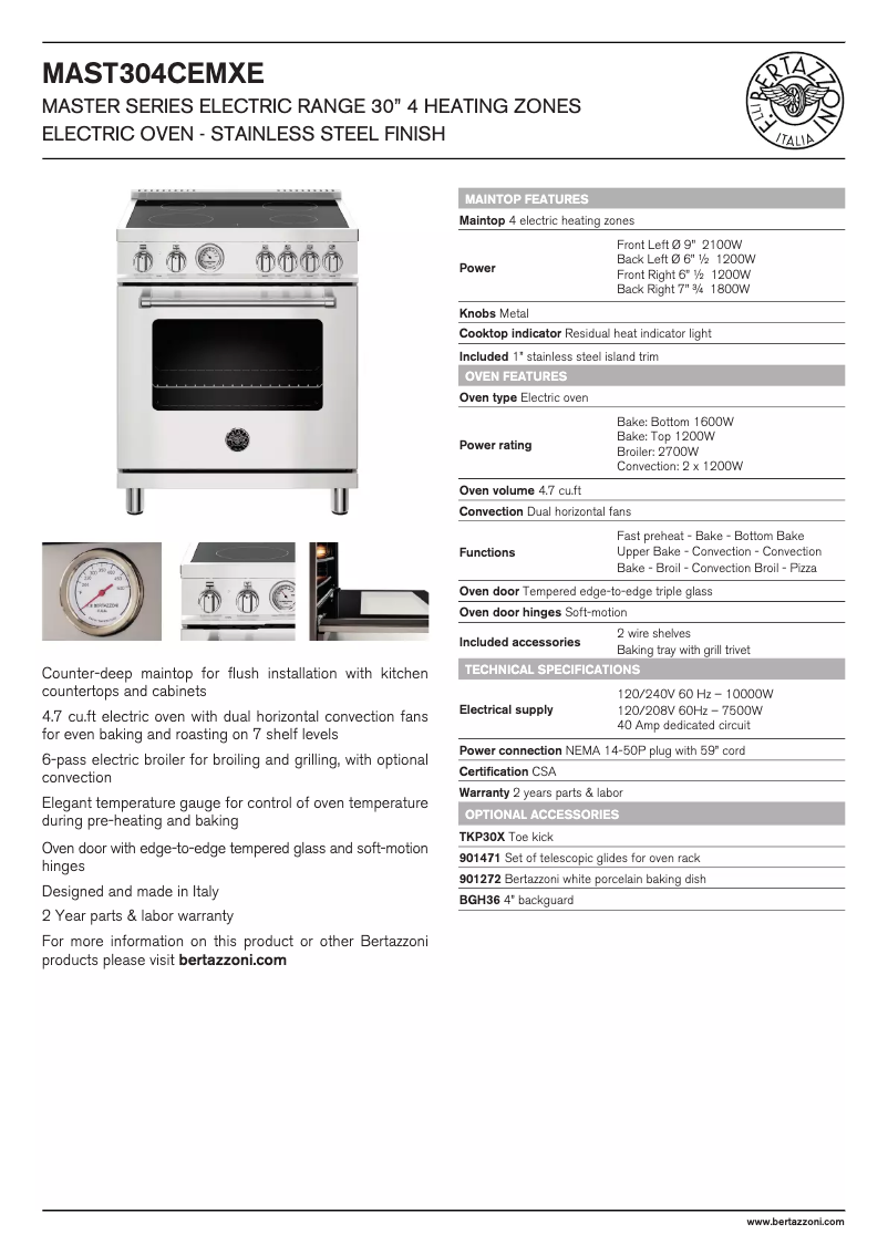 Page 1 de la notice Fiche technique Bertazzoni MAST304CEMXE