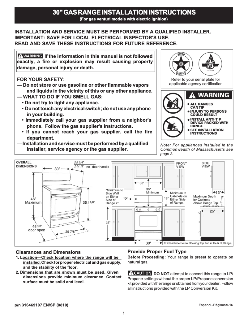 Page 1 de la notice Guide d'installation Frigidaire FFGF3011LB
