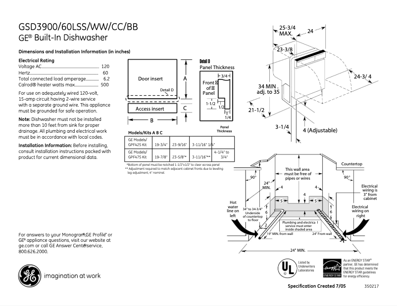 Página 1 del manual Ficha técnica GE GSD3900LCC