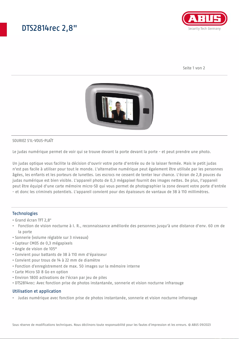 Page 1 de la notice Fiche technique Abus DTS2814rec