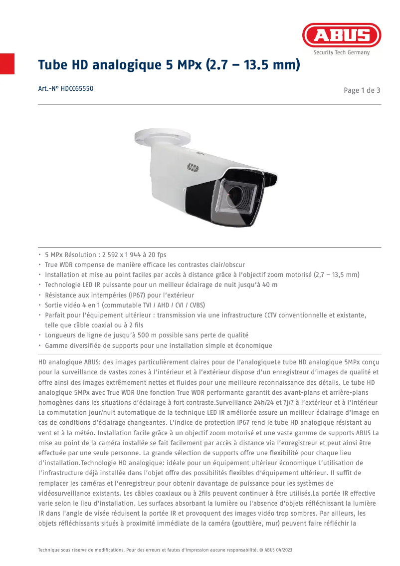 Página 1 del manual Ficha técnica Abus HDCC65550