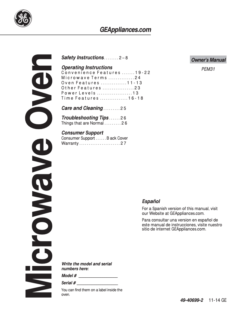 Page 1 de la notice Manuel utilisateur GE PEM31EFES