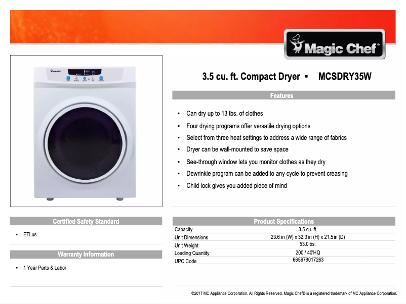 Página 1 del manual Ficha técnica Magic Chef MCSDRY35