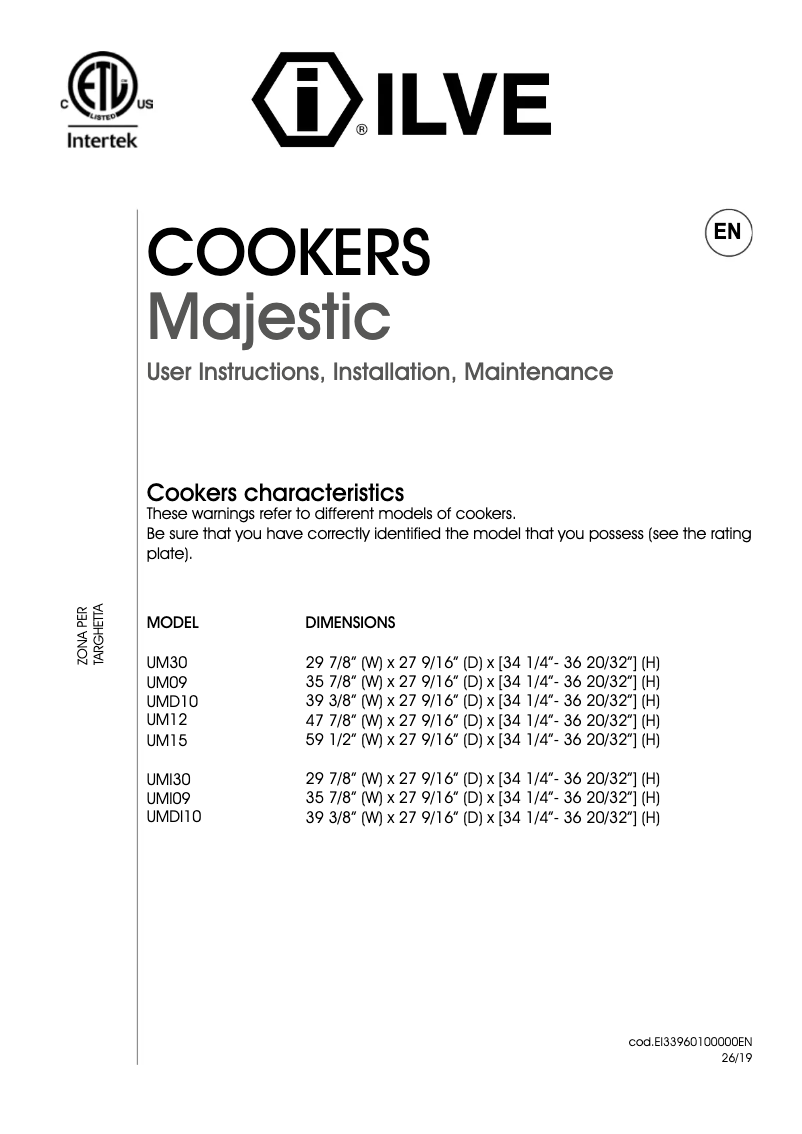 Page 1 de la notice Manuel d'utilisation et d'entretien Ilve UMI30NE3WHP
