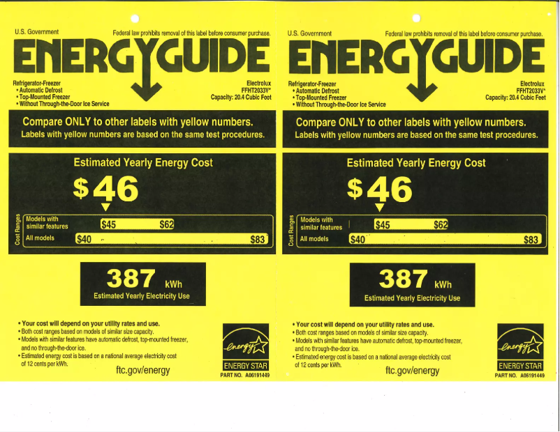 Page 1 de la notice Label énergétique Frigidaire FFHT2033VS
