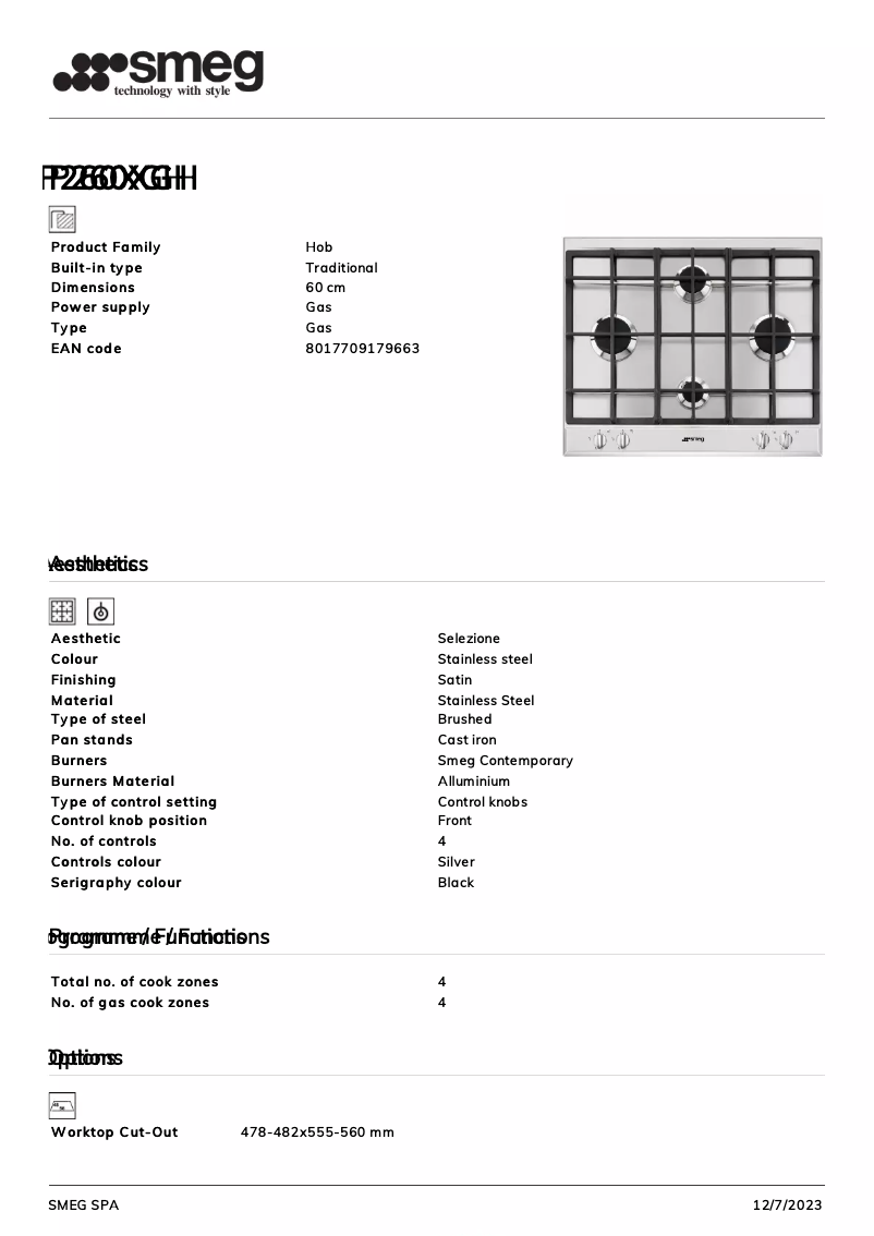 Page 1 de la notice Fiche technique Smeg P260XGH