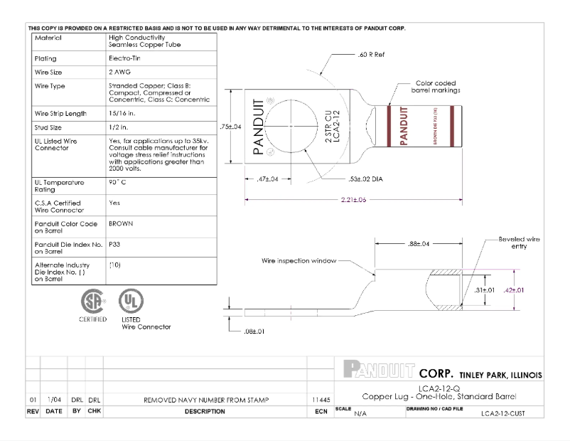 Page 1 de la notice Dessin technique Panduit LCA2-12-Q