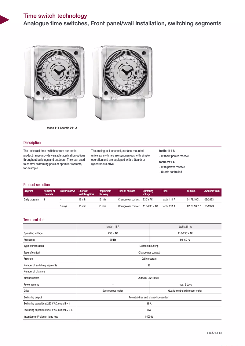 Page 1 de la notice Fiche technique Grässlin tactic 111 A