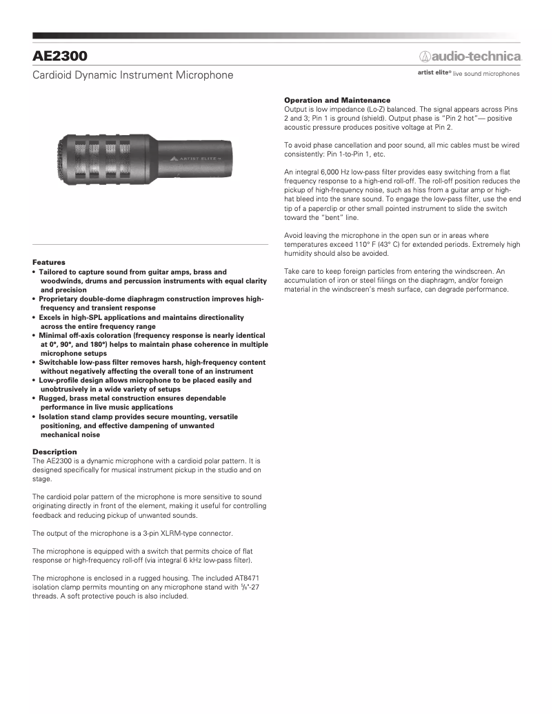 Page 1 de la notice Fiche technique Audio-Technica AE2300