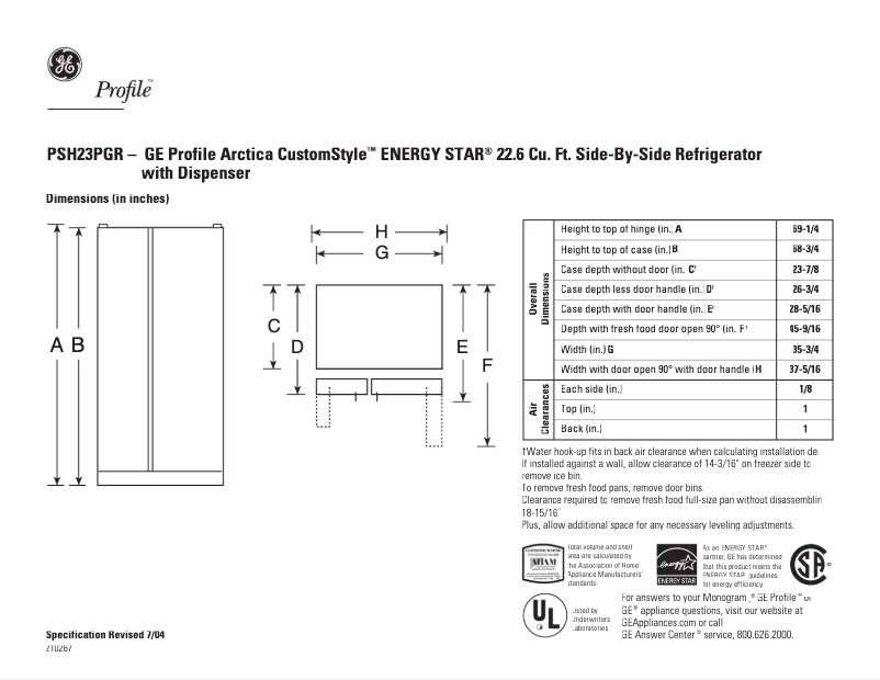 Page n°1 - Fiche technique GE Profile CustomStyle PSH23PGRWW