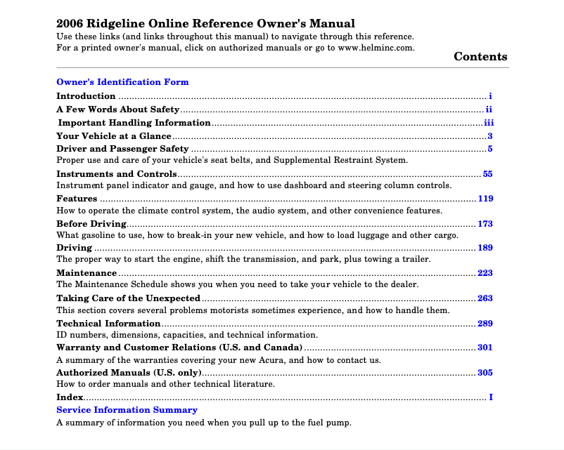 Page 1 de la notice Manuel utilisateur Honda Ridgeline (2006)