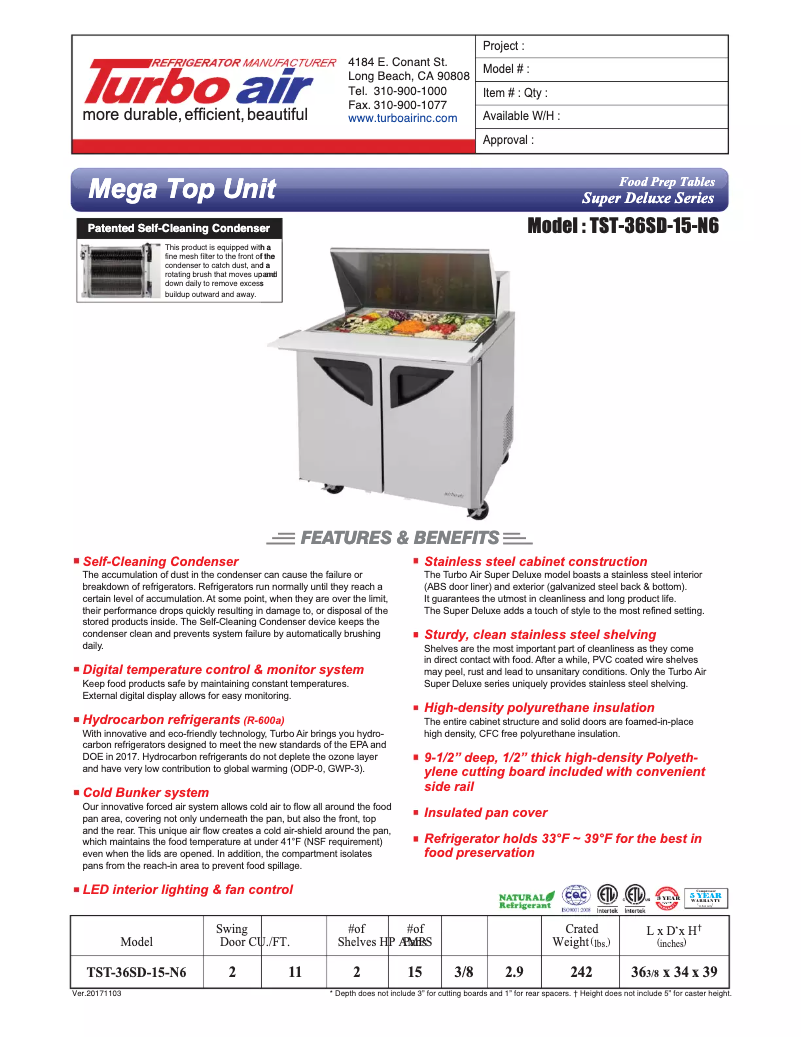 Página 1 del manual Ficha técnica Turbo air TST-36SD-15