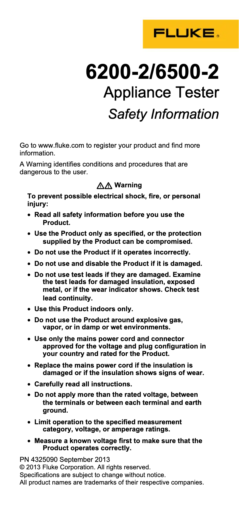 Page 1 de la notice Instructions de sécurité Fluke 6200-2