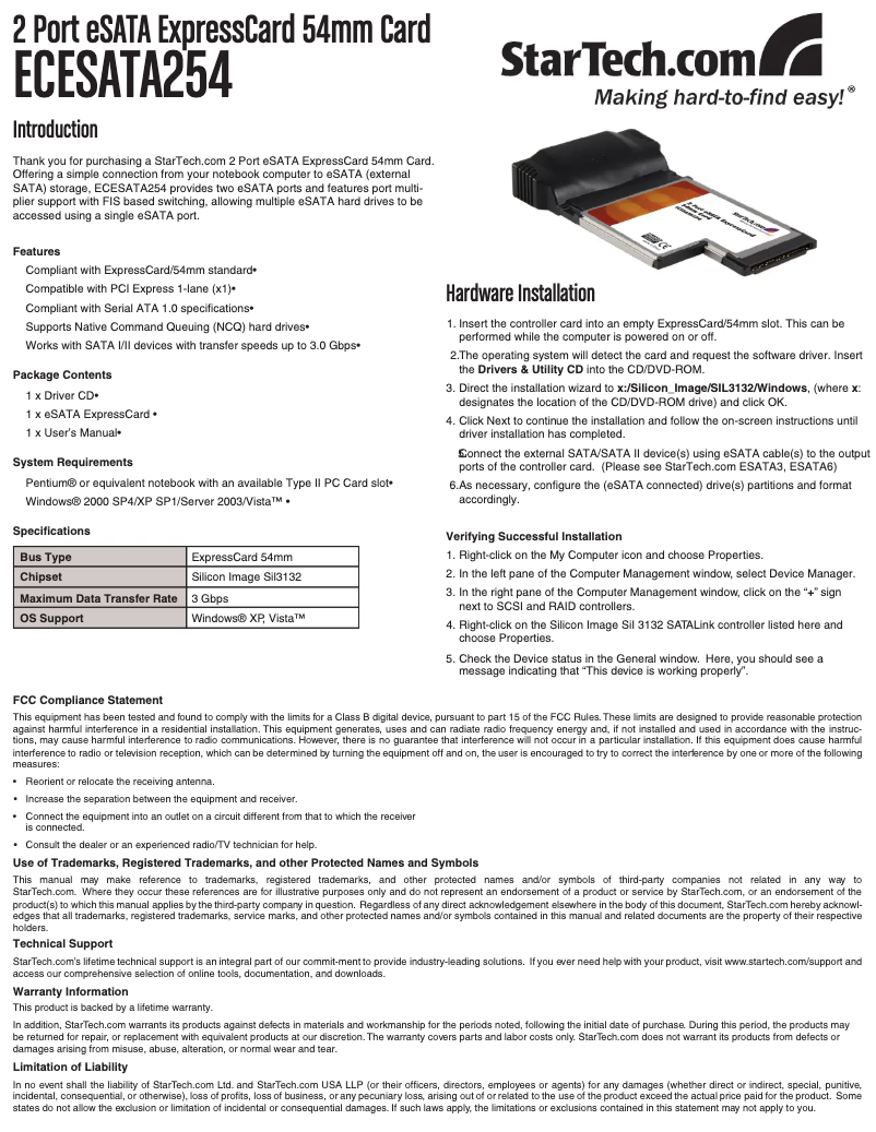 Page 1 de la notice Manuel utilisateur StarTech.com ECESATA254