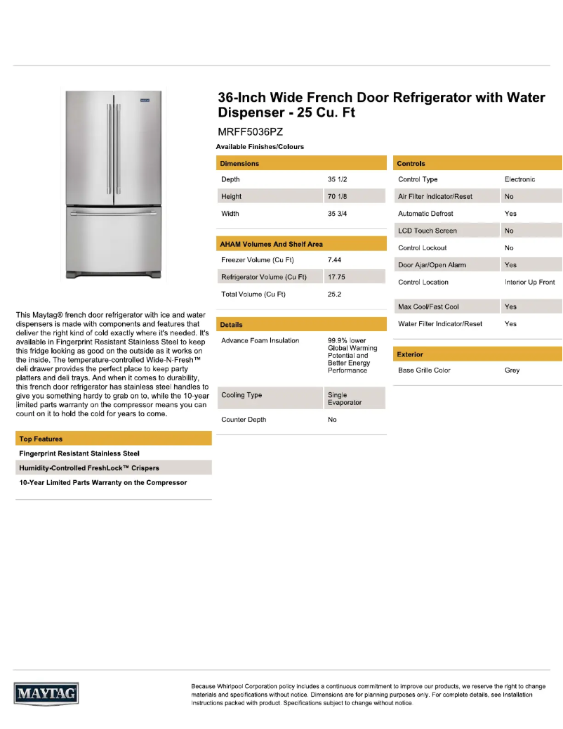 Page 1 de la notice Fiche technique Maytag MRFF5036PZ