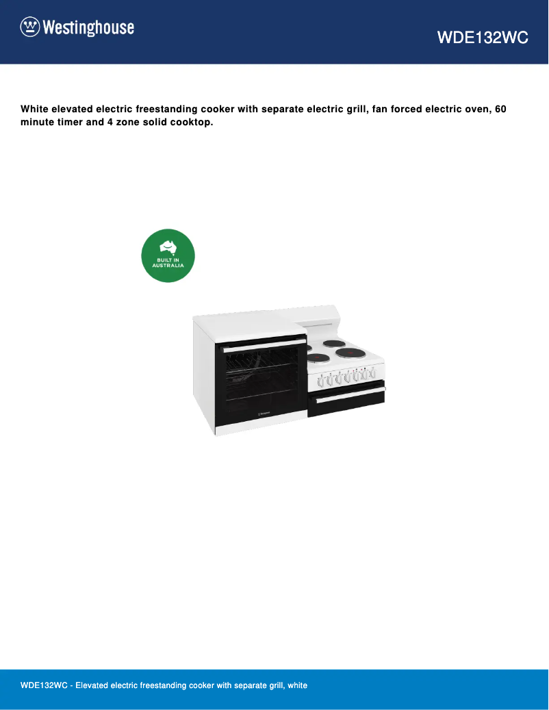 Page 1 de la notice Fiche technique Westinghouse WDE132WC