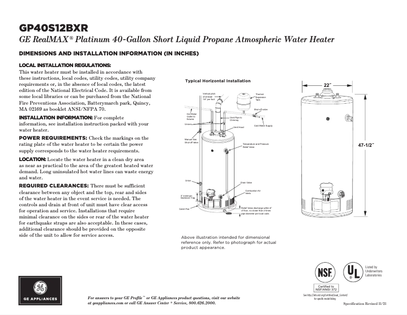 Página 1 del manual Ficha técnica GE GP40S12BXR
