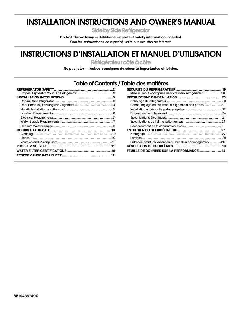 Page 1 de la notice Guide d'installation Whirlpool WRS555SIHW