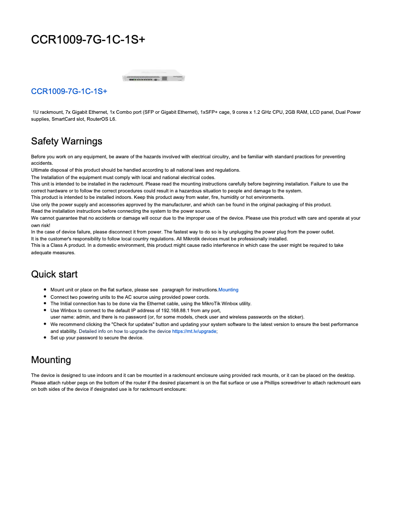Page 1 de la notice Manuel utilisateur Mikrotik CCR1009-7G-1C-1S+