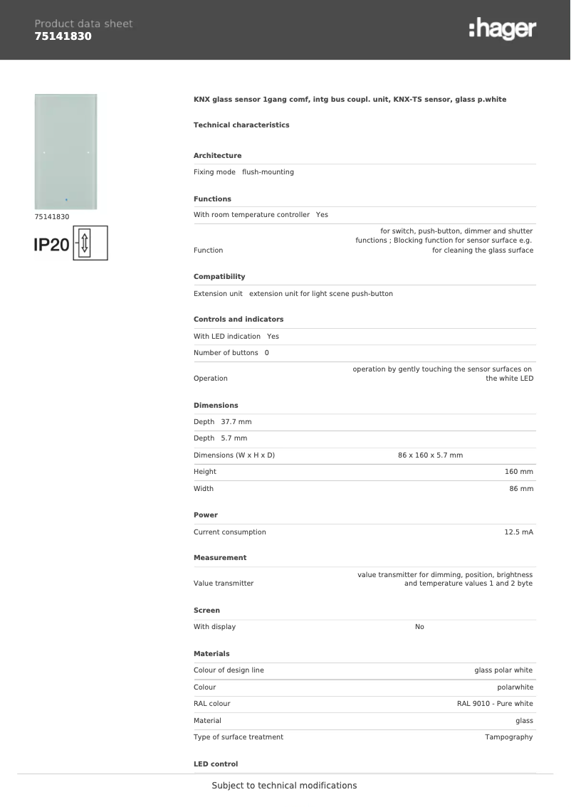 Page 1 de la notice Fiche technique Hager 75141830