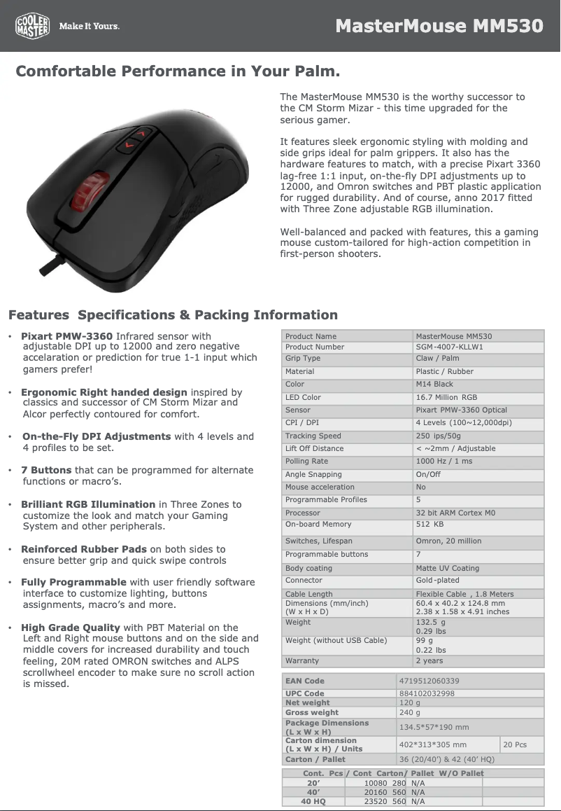 Page 1 de la notice Fiche technique Cooler Master MasterMouse MM530