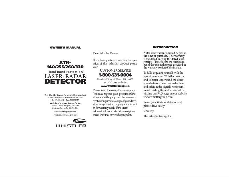 Page 1 de la notice Manuel utilisateur Whistler XTR-140