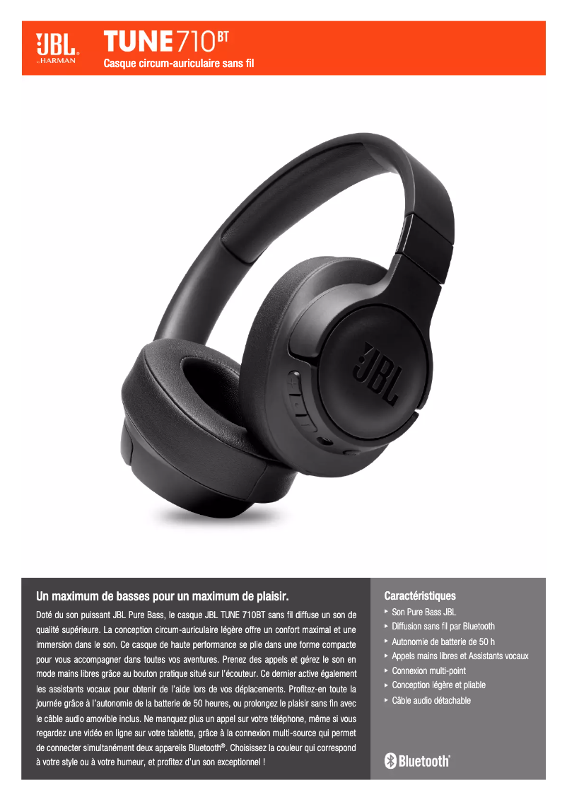 Page 1 de la notice Fiche technique JBL Tune 710BT