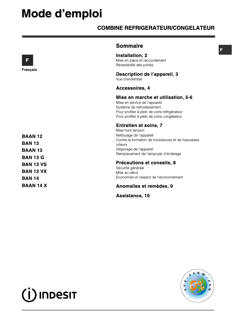 Page n°1 - Manuel utilisateur Indesit BAN 13 VX (FR)