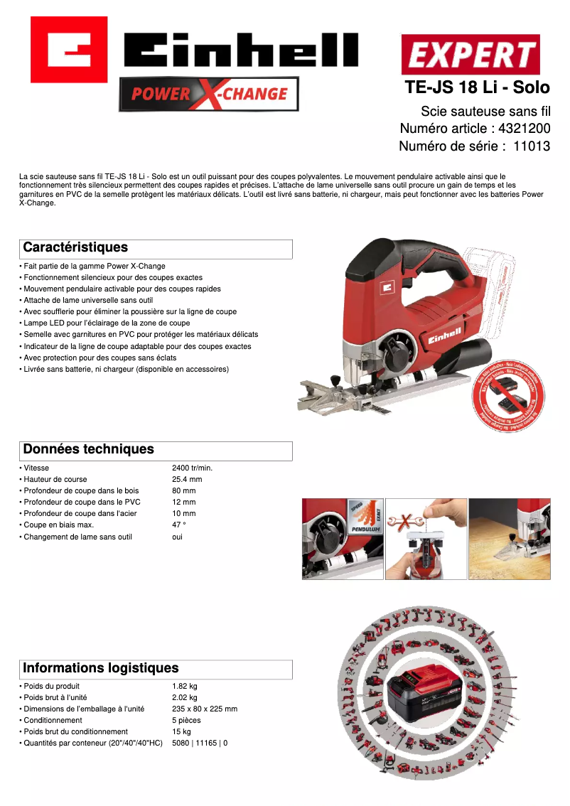Page 1 de la notice Fiche technique Einhell TE-JS 18/80 Li-Solo