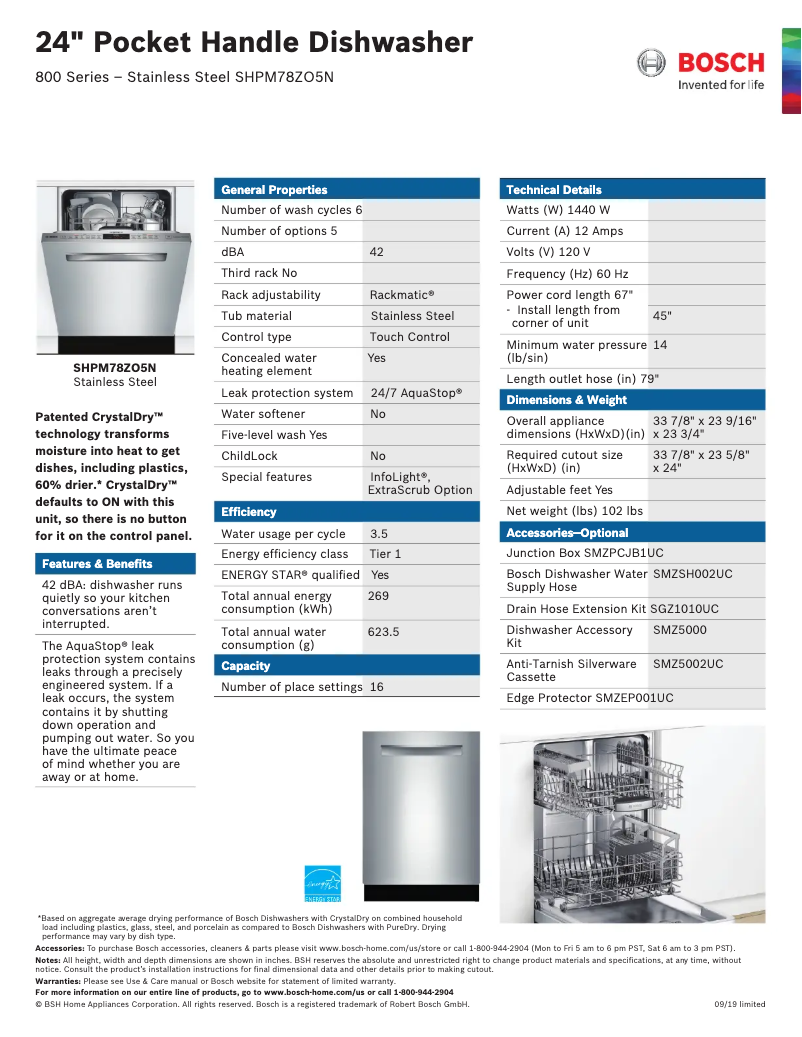 Page 1 of the manual Technical Sheet Bosch SHPM78ZO5N