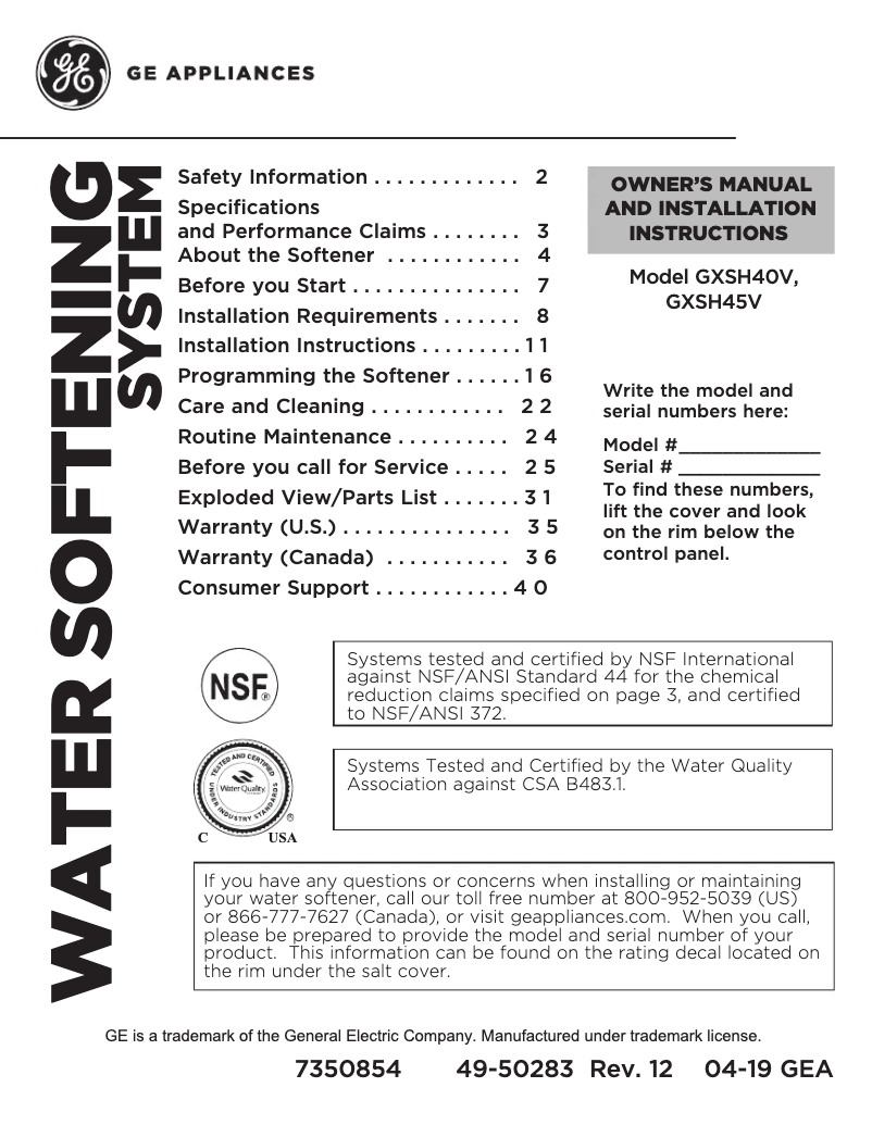 Page 1 of the manual Use and Maintenance Manual GE GXSH40V