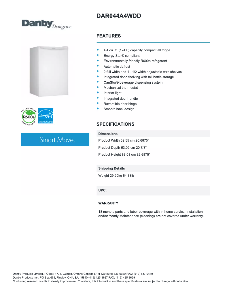 Page 1 de la notice Fiche technique Danby DAR044A4