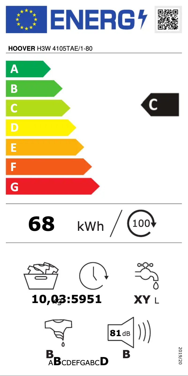 Página 1 del manual Etiqueta energética Hoover H3W 4105TAE/1-80
