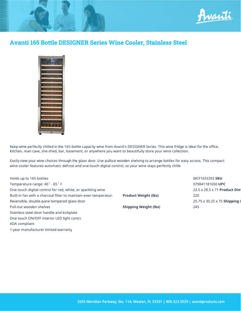 Page 1 de la notice Fiche technique Avanti WCF165S3SS