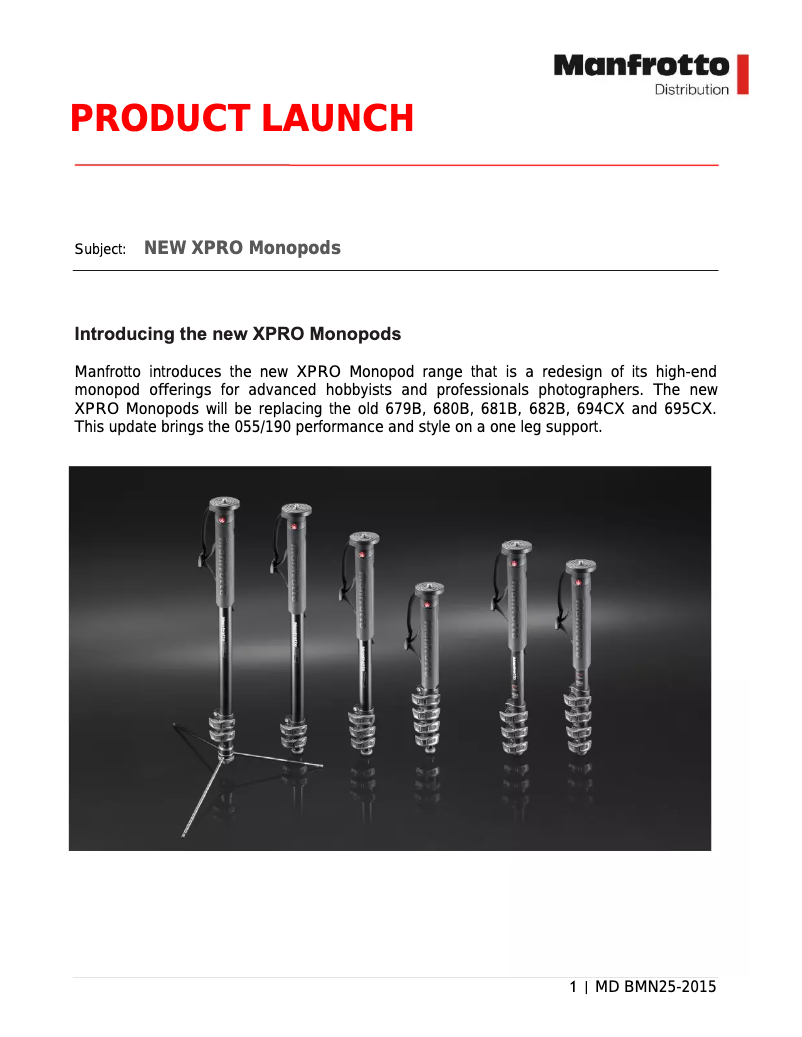 Page 1 de la notice Fiche technique Manfrotto XPRO
